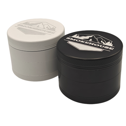 Two grinder containers, one black and one gray, with 'Smokehouse' branding on a light gray background.