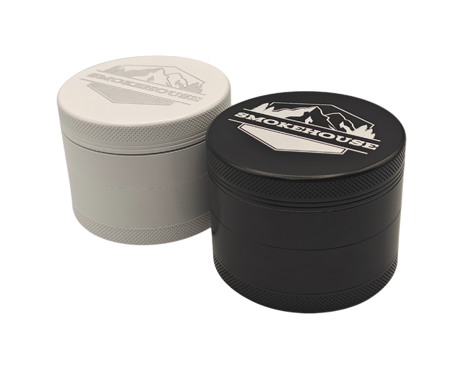 Two grinder containers, one black and one gray, with 'Smokehouse' branding on a light gray background.