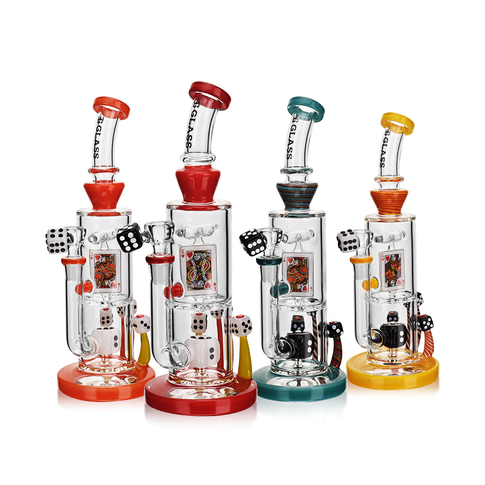 Casino Inspired Bent Neck Water Pipe Bong | Unique Dice Percolator, Novelty Glass | Available in Multiple Colors, American Wig Wag Colors!