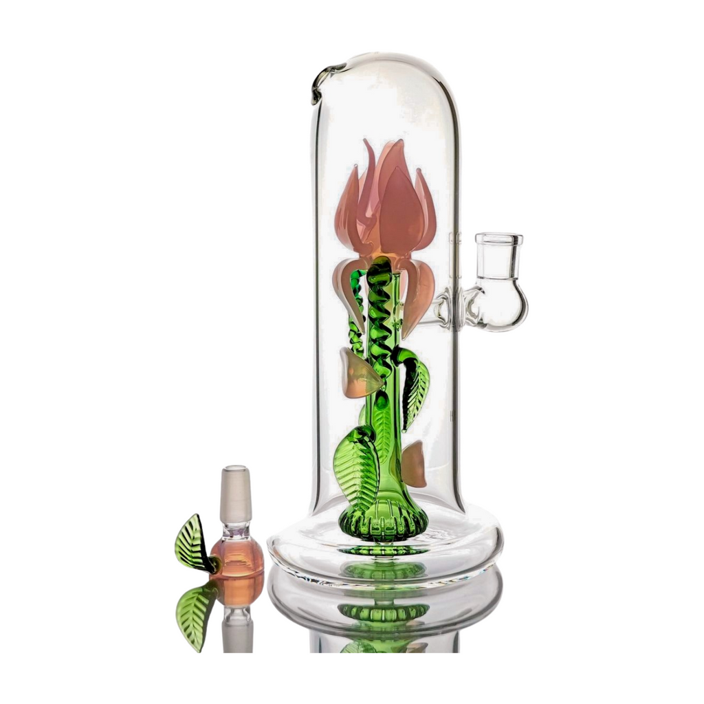 Rose Flower Bong Rig | 5mm Thick Glass, Showerhead Percolator | Available in Pink, Red, or Blue