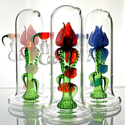 Rose Flower Bong Rig | 5mm Thick Glass, Showerhead Percolator | Available in Pink, Red, or Blue