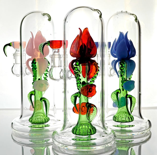 Rose Flower Bong Rig | 5mm Thick Glass, Showerhead Percolator | Available in Pink, Red, or Blue